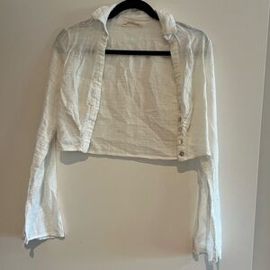 Pull&Bear White Cropped Button-Front Long Sleeve Shirt